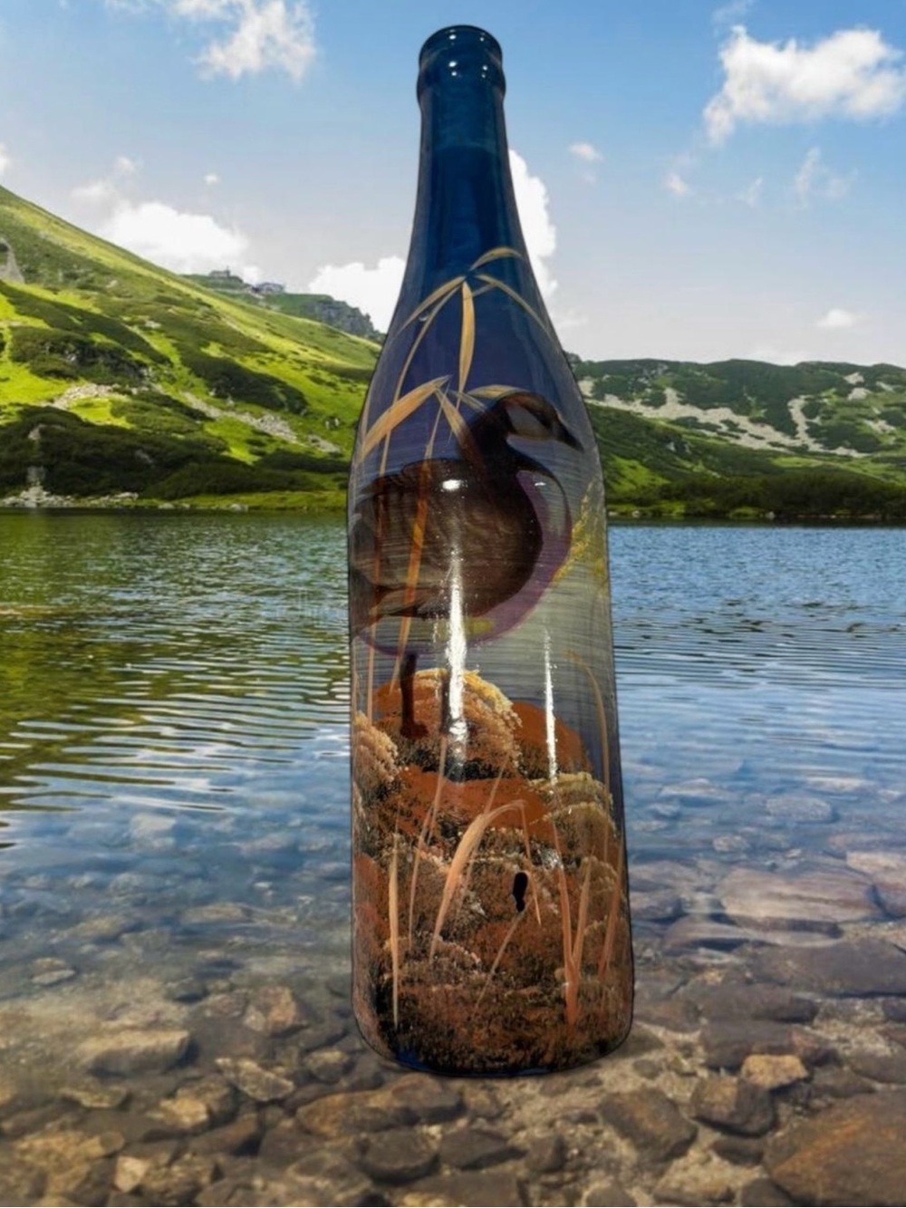 decorative hand-painted glass bottle featuring a goose in a marsh scene